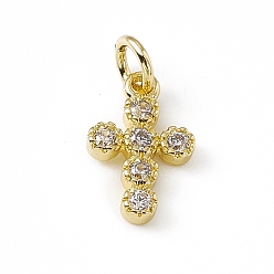 Real 18K Gold Plated Brass Micro Pave Clear Cubic Zirconia Charms, with Open Jump Rings, Religion Cross, Real 18K Gold Plated, 12x7.5x2mm, Jump Ring: 4.5x0.7mm, Inner Diameter: 3mm 