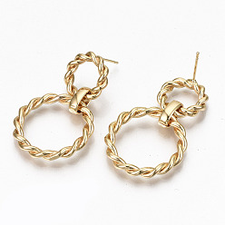 Real 18K Gold Plated Brass Dangle Stud Earring, Twist Ring, Nickel Free, Real 18K Gold Plated, 44x26.5mm, Pin: 0.7mm