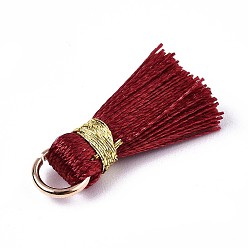 Dark Red Handmade Polycotton(Polyester Cotton) Tassel Decorations, Pendant Decorations, with Golden Iron Loops, Dark Red, 17~21x10x5mm, Jump Ring: 6x0.7mm, Inner Diameter: 4.6mm