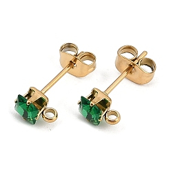 Зеленый Ионное покрытие (ip) 304 фурнитура для сережек-гвоздиков из нержавеющей стали с кубическим цирконием, квадратный, зелёные, 6x4.5 мм, отверстие : 1.5 мм, штифты : 0.8 мм