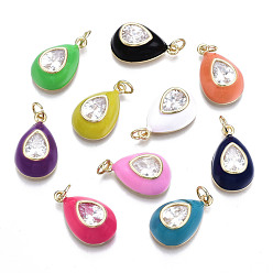 Mixed Color Brass Clear Cubic Zirconia Pendants, with Enamel and Jump Rings, Cadmium Free & Nickel Free & Lead Free, Real 16K Gold Plated, Teardrop, Mixed Color, 19.5x12x7mm, Jump Ring: 4.8x0.6mm, 3.6mm inner diameter