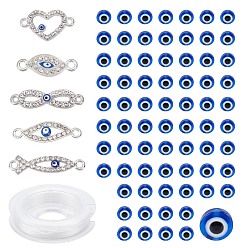 Blue SUNNYCLUE DIY Jewelry Making Kit, Including 5Pcs 5 Style Alloy Rhinestone Evil Eye Links/Connectors, 150Pcs Flat Round Resin Beads, Elastic Thread, Blue, 12~28x7.5~20.5x2~3.5mm, Hole: 1.8~2mm, 155pcs