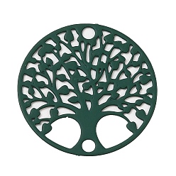 Dark Green Spray Painted 430 Stainless Steel Connector Charms, Flat Round with Tree of Life Link, Dark Green, 20x0.5mm, Hole: 1.8mm