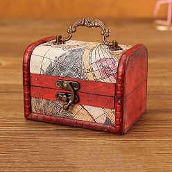 Map Wooden Portable Storage Boxes, with Iron Clasps & Iron Handle, Rectangle, FireBrick, Map Pattern, 12x8x8.5cm, Inner diameter: 10.8x6.5x7.5cm