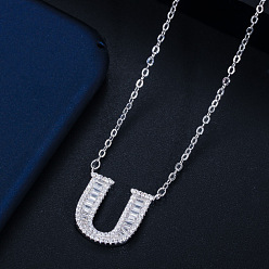 Letter U (with chain) Wife's Romantic Travel Same Style 26 English Alphabet Clavicle Chain Pendant Micro-inlaid Zircon Platinum Plated Necklace