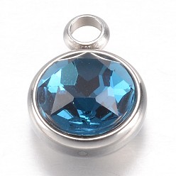 Blue 304 Stainless Steel Glass Rhinestone Charms, December Birthstone Charms, Faceted, Flat Round, Blue, 14x10x7mm, Hole: 2.5mm