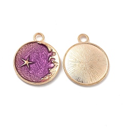 Medium Purple Alloy Enamel Pendants, Flat Round with Star & Moon Charm, Golden, Medium Purple, 25x21x2.3mm, Hole: 3mm