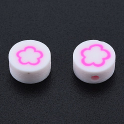 Hot Pink Handmade Polymer Clay Beads, Flat Round with Flower, Hot Pink, 9~9.5x4~5mm, Hole: 1.6mm