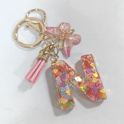 Letter N Acrylic and Resin Keychain, with Tassel, Alloy Rings, Butterfly, 10.02cm, Pendant: 23~43mm