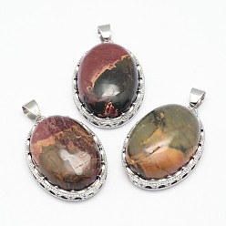 Picasso Jasper Natural Polychrome Jasper/Picasso Stone/Picasso Jasper Pendants, with Brass Findings, Oval, Platinum, 30x21x10~11mm, Hole: 6x4mm