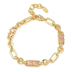 Pink Браслет-цепочка из латуни в виде кольца и скрепки с микропаве из кубического циркония для женщин., реальный 18 k позолоченный, без кадмия и без свинца, стойки покрытие, долговечный, розовые, 6.89 дюйм (17.5 см)