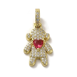 Red Rack Plating Brass Micro Pave Clear Cubic Zirconia Pendants, Real 18K Gold Plated, Long-Lasting Plated, Lead Free & Cadmium Free, Human, Red, 30.5x14x9mm, Hole: 5.5mm