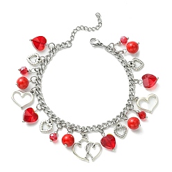 Red Tibetan Style Alloy & Glass Heart Charm Bracelet with 304 Stainless Steel Curb Chains for Valentine's Day, Red, 7-3/8 inch(18.7cm)