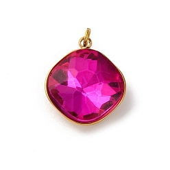 Ярко-Розовый 316 подвески из граненого стекла из нержавеющей стали, ромб, ионное покрытие (ip), реальный 18 k позолоченный, с петлей, ярко-розовый, 17x14.5x6.5 мм, отверстие : 2.5 мм