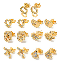Mixed Shapes Light Gold Brass Micro Pave Cubic Zirconia Stud Earrings for Women, Mixed Shapes, 10~16x10~14mm
