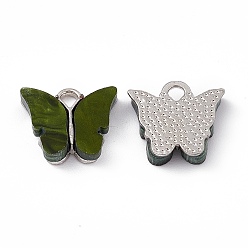 Dark Olive Green Acrylic Charms, with Platinum Tone Alloy Finding, Butterfly Charm, Dark Olive Green, 13x14x3mm, Hole: 2mm
