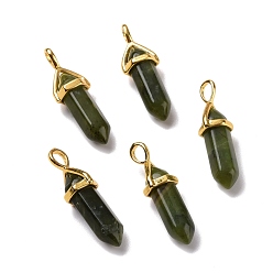 Green Jade Natural Green Xinyi Jade, Chinese Southern Jade Pendants, Faceted, with Golden Tone Brass Findings, Lead free & Cadmium Free, Bullet, 27~30x9~10x7~8mm, Hole: 4x3mm