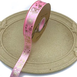 Hot Pink Golden Hot Stamping Butterfly Star Pattern Polyester Ribbons, for DIY Handmade Craft, Hair Bowknots and Gift Decoration, Hot Pink, 1 inch(25mm), 48 Yards/Roll