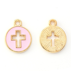 Pearl Pink Light Gold Plated Alloy Enamel Pendants, Flat Round with Cross, Pearl Pink, 15x12x1.5mm, Hole: 1.6mm