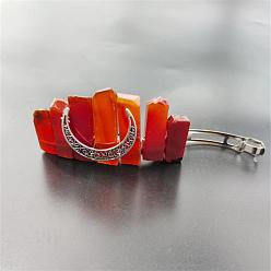 Red Agate Bohemian Style Natural Red Agate & Hollow Moon Crown Hair Barrettes, with Metal Clips, for Women Girls, 80mm