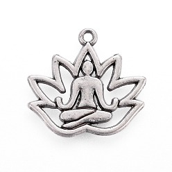 Thai Sterling Silver Plated Tibetan Style Alloy Yoga Theme Pendants, Lotus with Human, Lead Free & Nickel Free & Cadmium Free, Thailand Sterling Silver Plated, 16.5x18x1.5mm, Hole: 1mm