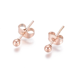Rose Gold Ion Plating(IP) 304 Stainless Steel Stud Earrings, Ball Stud Earrings, with Earring Backs, Rose Gold, 14x3mm, Pin: 0.8mm
