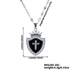 Черный Модные хип-хоп латунные прозрачные кубические цирконии щит крест корона кулон ожерелья, с эмалью, идеально подходит для ежедневных вечеринок, платина, чёрные, 15.75 дюйм (40 см)