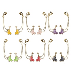 Mixed Color 6 Pairs 6 Colors Light Gold 304 Stainless Steel Cuff Earring Chains, Star & Butterfly Alloy Enamel Dangle Stud Earrings Crawler Earrings, Mixed Color, 77mm, 1 Pairs/color