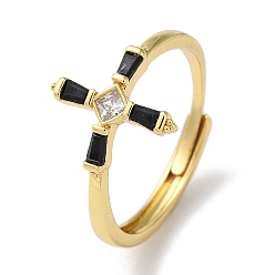 Golden Brass with Cubic Zirconia Adjustable Rings, Cross, Golden, US Size 9 1/4(19.1mm)
