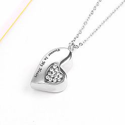 White Urn Ashes Necklace, Cubic Zirconia Heart with Word Forever In My Heart Pendant Necklace, Stainless Steel Memorial Jewelry for Women, White, 19.69 inch(50cm)