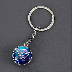 Pisces Luminous Glass Pendant Keychain, with Alloy Key Rings, Glow In The Dark, Round with Constellation, Pisces, 8.1cm