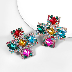 colorful Retro Style Cross Earrings with Sparkling Glass and Rhinestone Decoration for Parties