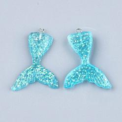 Sky Blue Resin Pendants, with Glitter Powder and Iron Findings, Mermaid Tail Shape, Platinum, Sky Blue, 46x30x6mm, Hole: 2mm