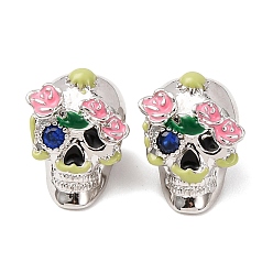 Платина Стойка металлизированный латунь европейский бисер, с кубическим цирконием и эмалью, бусины с большим отверстием, без свинца и без кадмия, долговечный, Сахарный череп для Мексики, День мертвых, платина, 12x9x10 мм, отверстие : 4 мм