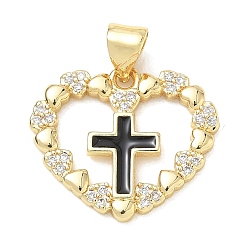 Black Religion Cross Brass Micro Pave Clear Cubic Zirconia Pendants, Heart Charms with Enamel, Lead Free & Cadmium Free, Long-Lasting Plated, Rack Plating, Real 18K Gold Plated, Black, 17x20x2mm, Hole: 5x3.5mm