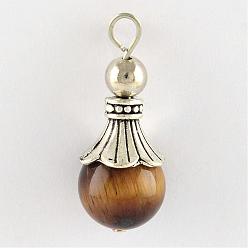 Tiger Eye Natural Tiger Eye Pendants, with Alloy Findings, Antique Silver, Snowcone, 29.5x12.5mm, Hole: 2.5mm