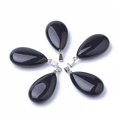Black Stone Natural Black Stone Pendants, with Alloy Findings, teardrop, Platinum, 45~46x23~24x11~12mm, Hole: 8x4mm