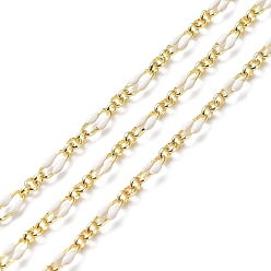 White Enamel Oval Link Chains, with Real 18K Gold Plated Brass Findings, Soldered, with Spool, White, 4x7x1mm