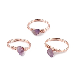 Amethyst Natural Amethyst Chips Finger Ring, Rose Gold Brass Wire Wrap Jewelry for Women, Inner Diameter: 18mm