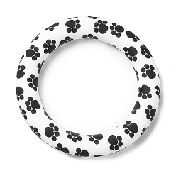 White Food Grade Eco-Friendly Silicone Pendants, Ring with Bear Paw Pattern, White, 65x10mm, Hole: 4mm