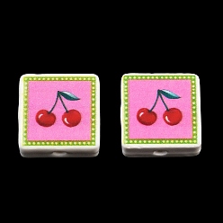 Hot Pink Printed Handmade Porcelain Beads, Square, Hot Pink, 15~15.5x15~15.5x7.5~8mm, Hole: 2mm
