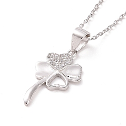 Platinum Rhodium Plated Sterling Silver Clover Pendant Necklace with Clear Cubic Zirconia for Women, Platinum, 15.94 inch(40.5cm)