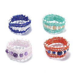 Mixed Color Glass Seed Bead Braided Rings, Natural Gemstone Stretch Rings for Women, Mixed Color, 9.5~13mm, Inner Diameter: 17~18mm