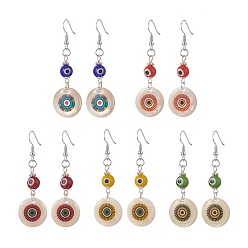 Mixed Color Natural Shell & Resin Evil Eye Dangle Earrings, Silver Brass Long Drop Earrings for Women, Mixed Color, 57mm, Pin: 0.6mm