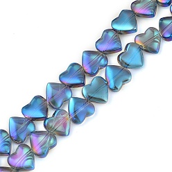 Темно-Синий Гальванизируйте прозрачное стекло бисер нитей, с полным покрытием цвета радуги, сердце, темно-синий, 10x10x4.5 мм, отверстие : 0.8 мм, около 65 шт / нитка, 24.41 дюйм (62 см)