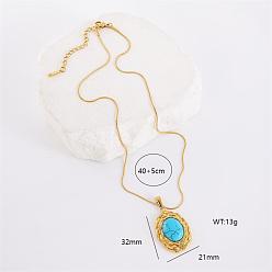 Золотой Винтажные овальные синтетические бирюзовые подвески-ожерелья, с цепью-змейкой из нержавеющей стали, золотые, 15.75 дюйм (40 см)