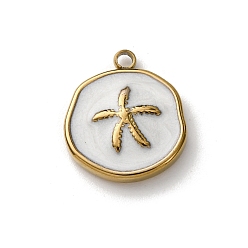 Белый 304 нержавеющей стальной эмали подвески, плоский круглый с подвесками в виде морских звезд, золотые, ионное покрытие (ip), белые, 18x15x3 мм, отверстие : 1.8 мм