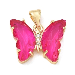 Fuchsia Brass Micro Pave Clear Cubic Zirconia Pendants, with Glass, Butterfly Charms, Lead Free & Cadmium Free, Long-Lasting Plated, Rack Plating, Real 18K Gold Plated, Fuchsia, 15x19x5mm, Hole: 5x3.5mm