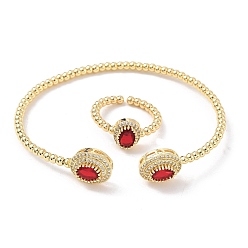 (123L) Белый крем непрозрачный блеск Овальные латунные браслеты-манжеты и кольца с микропаве из кубического циркония для женщин, стойки покрытие, реальный 18 k позолоченный, огнеупорный кирпич, браслет: 3~11.5ширина мм, 61x52 мм внутренним диаметром