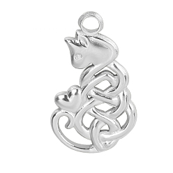 Stainless Steel Color 201 Stainless Steel Pendants, Cat with Heart Charm, Stainless Steel Color, 23x14x3mm, Hole: 2mm